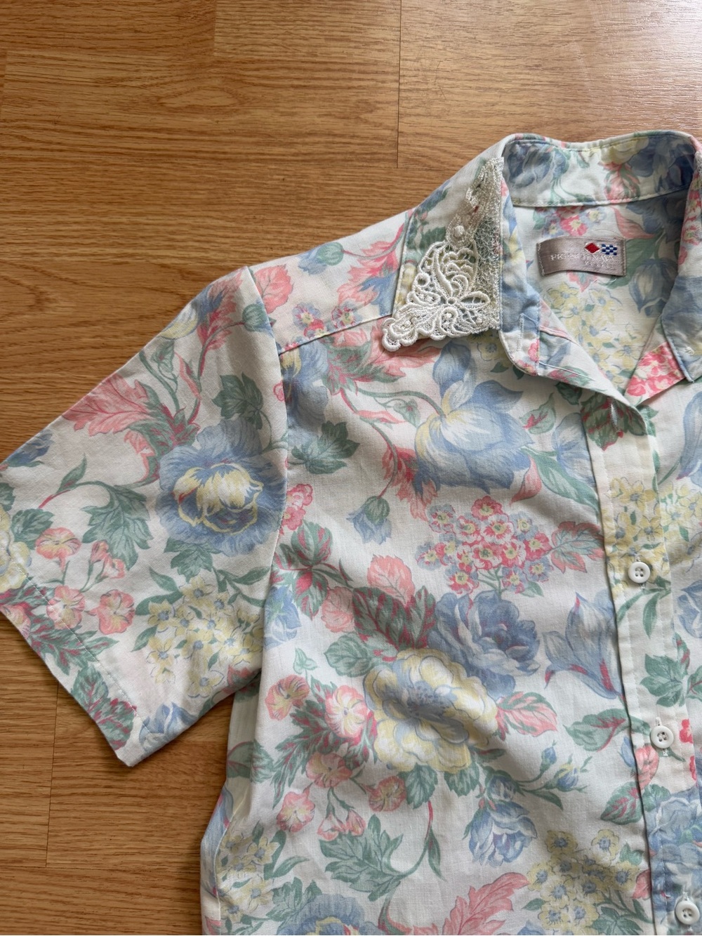 Vintage 90s French Navy Pastel Floral Lace Collar Button Up Blouse Petite Small